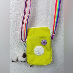 Kipling Neon Yellow Nylon Crossbody Phone carrier with Rainbow Strap w/ Monkey